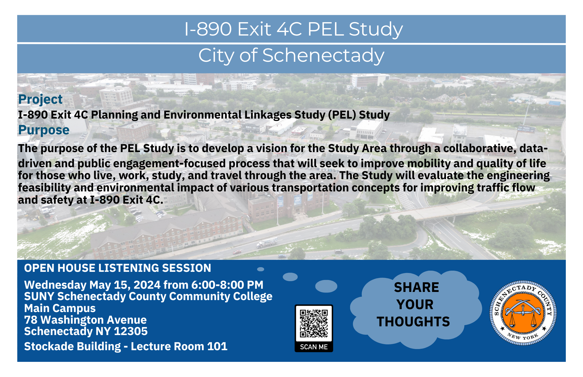 Graphic promoting I-890 PEL Study Public Meeting